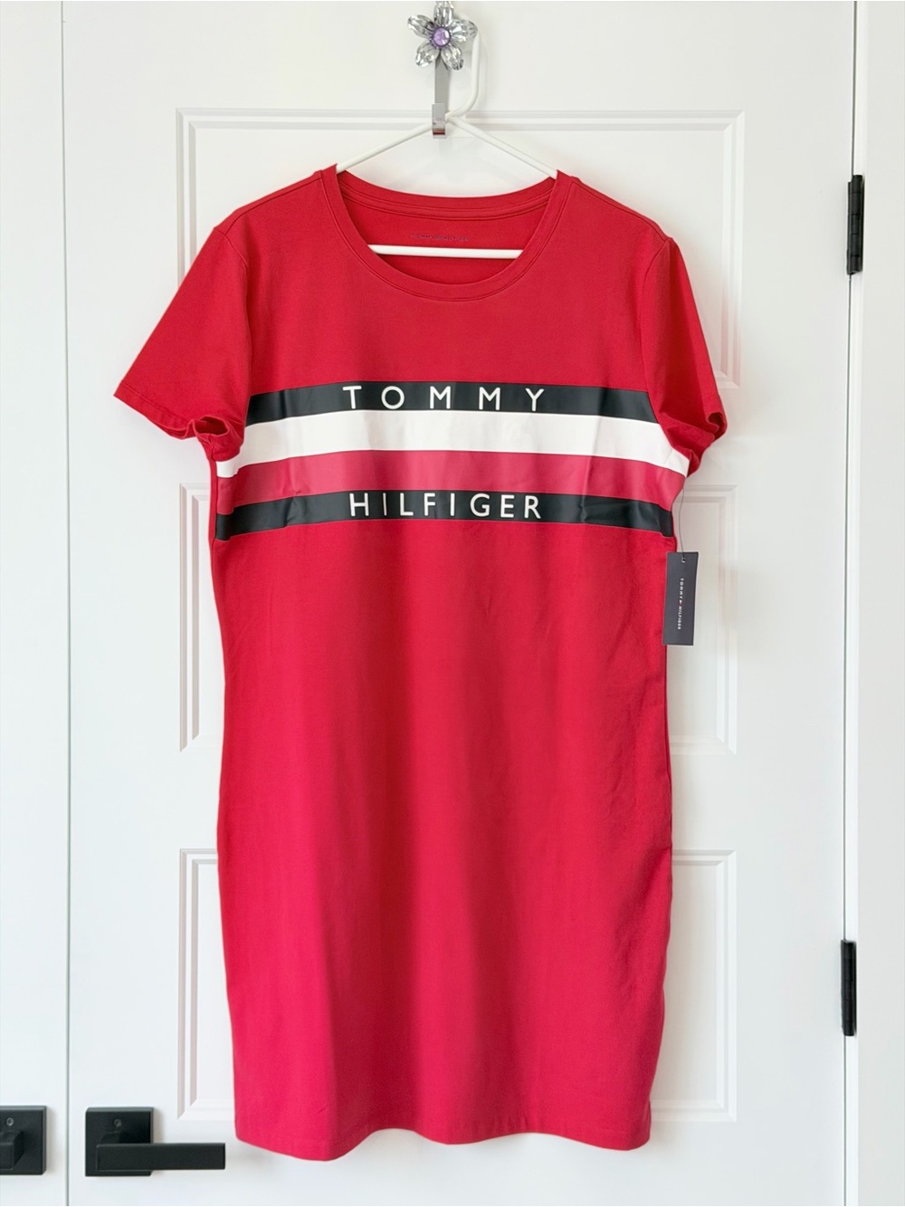Tommy Hilfiger Red Tee Shirt Dress with Black and White Logo Stripes